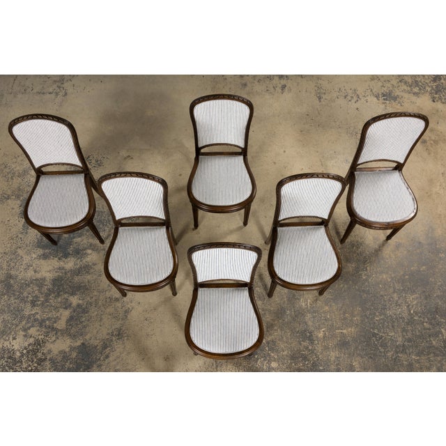 French Louis XVI Style Walnut Dining Chairs, Blue Striped Linen Upholstery – Set of 6 For Sale - Image 4 of 18