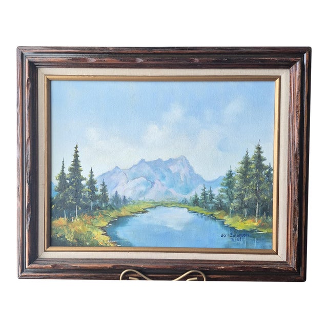 VTG 85' Mountain Lake Landscape Painting on Canvas Signed Original 12x16" Framed For Sale