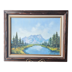 VTG 85' Mountain Lake Landscape Painting on Canvas Signed Original 12x16" Framed