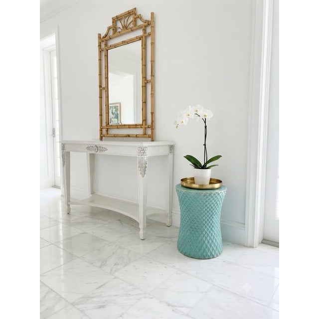 Vintage Turquoise Glazed Ceramic Quilted Lattice Garden Stool & Accent Table For Sale - Image 12 of 12