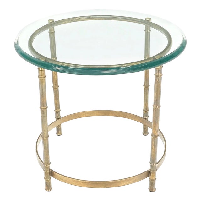 Occasional 3/4" Thick Round Glass Top Brass Faux Bamboo Base Side End Lamp Table For Sale