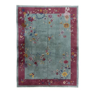 Antique Circa 1923 Green Chinese Art Deco Hand Knotted Rug 8'7 X 11'5 For Sale