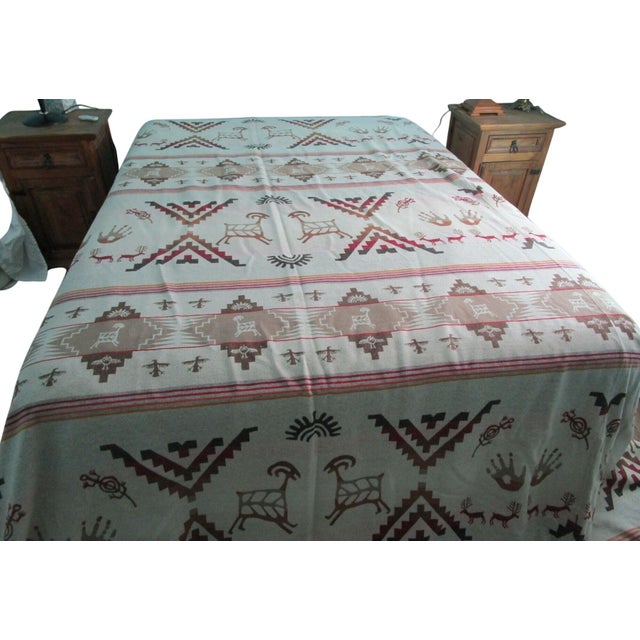 1970s Pendleton Southwest Rock Art Petroglyph Wool Bedspread King Earth Tone Small Holes For Sale - Image 5 of 14