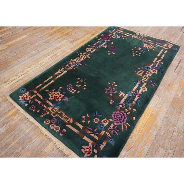 1920s 1920s Green Bamboo Floral Antique Chinese Art Deco Rug 4'2" X 7' Knotted Wool Carpet For Sale - Image 5 of 15