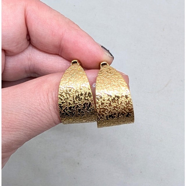 Metal Vintage Signed Crown Trifari Goldtone Textured Hoop Clip Earrings-2 Pieces For Sale - Image 7 of 8