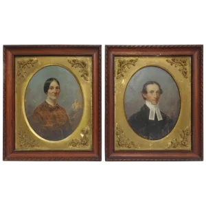 Early 20th Century Lady and Gentleman Oil on Board Set of Two Framed Paintings