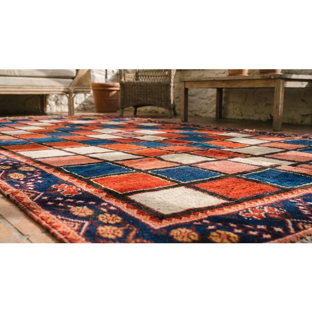 Textile 1930s Multicolor Checks Tribal Antique Persian Gabbeh Rug 6'8" X 10'2" Handknotted Wool Carpet For Sale - Image 7 of 9