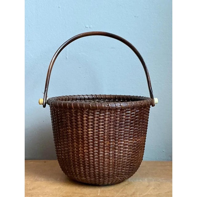 Wood Vintage Woven Rattan Nantucket Basket With Handle For Sale - Image 7 of 12