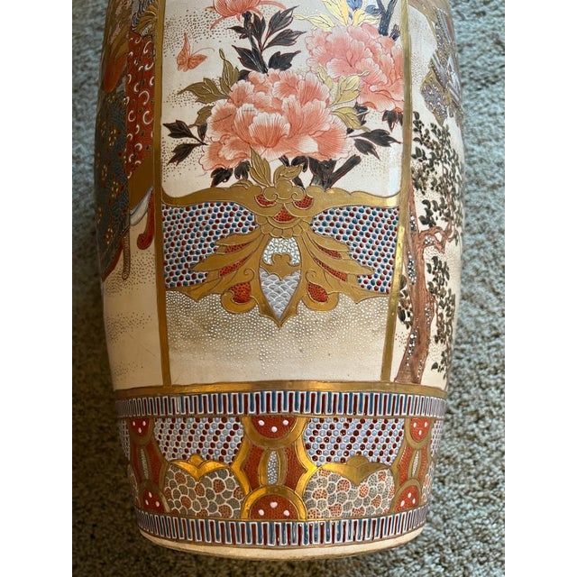Monumental 24” Antique Japanese Meiji Period Kyoto Satsuma Palace Floor Vase, Court Scene & Peony Panels For Sale - Image 10 of 11
