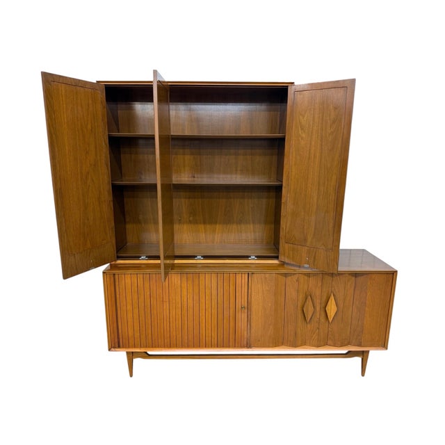 Mid-Century Modern Walnut & Cane 2-Piece Tambour Hutch For Sale - Image 4 of 10