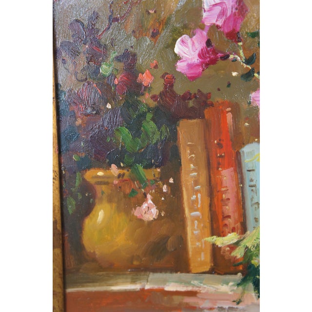 20th C. Realist Still Life Signed Oil Painting Canvas Fruit Violin Flowers 48" For Sale - Image 12 of 12