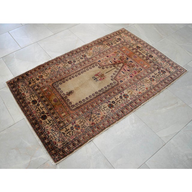 Vintage Hand-Knotted Turkish Rug Prayer Rug Super Fine Wool Rug Wall Decor Religious Tapestry 3x5 Ft Approx For Sale - Image 6 of 18