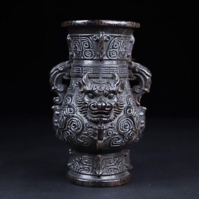 Late 19th Century Late 19th Century Pair of Carved Faux Horn Beast-Face Vases With Handles For Sale - Image 5 of 10
