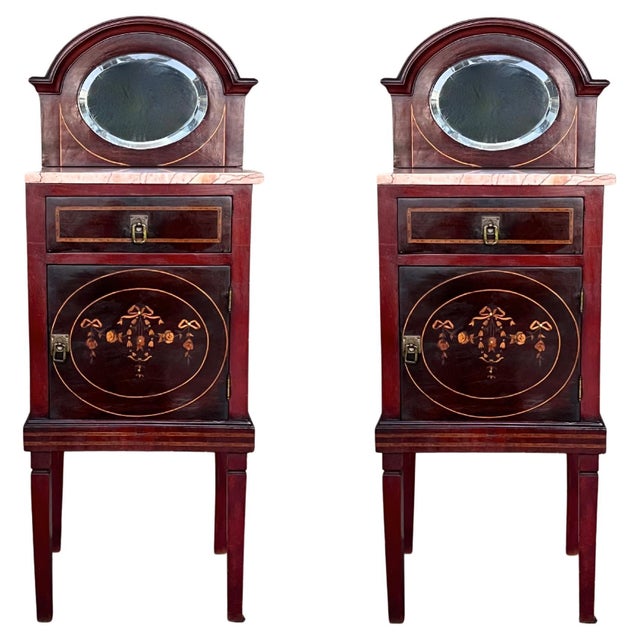 Late 19th Century Louis XVI Style Marquetry Nightstands with Bronze Hardware and Mirror, A Pair For Sale - Image 15 of 18
