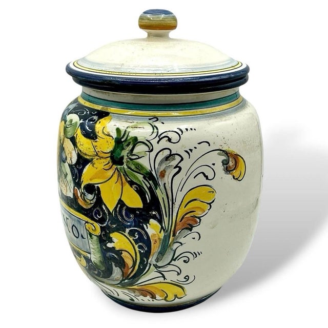 1970s 1970s Italian Ceramic Rosmarino Spice Herb Canister Jar Lidded Hand Painted Lemons Euc For Sale - Image 5 of 11