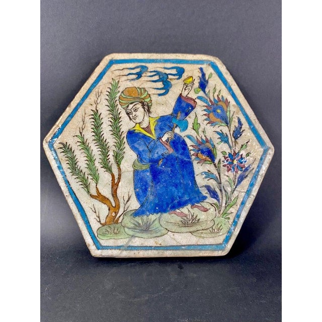 Ceramic Hexagonal Hand-Painted Earthenware Tile, Asia For Sale - Image 7 of 12