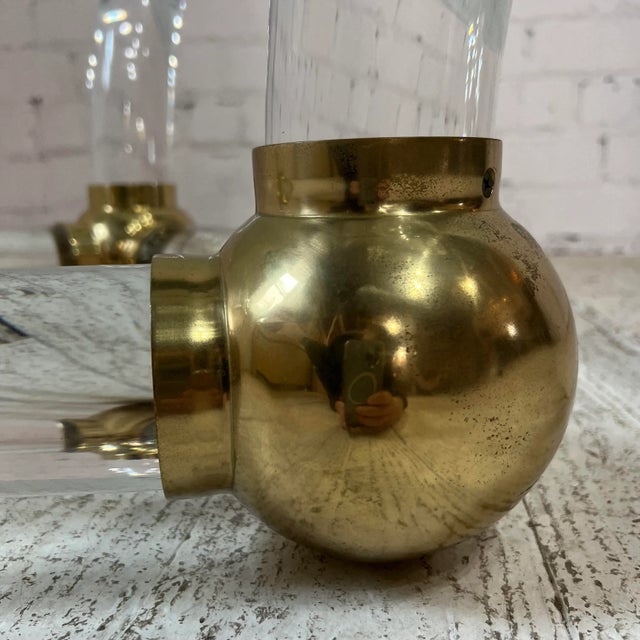 Transparent Karl Springer Style Post Modern Circular Glass Coffee Table Lucite and Brass For Sale - Image 8 of 9