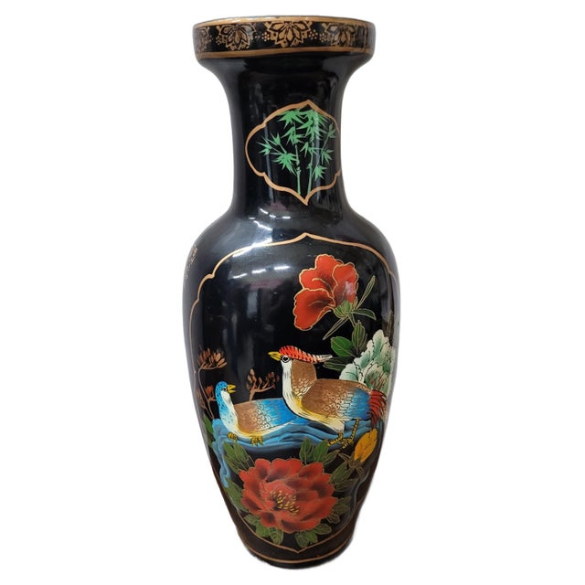 Asian Vintage Black Floor Vase Hand Painted Birds and Flowers Red Gold Asian Style For Sale - Image 3 of 8