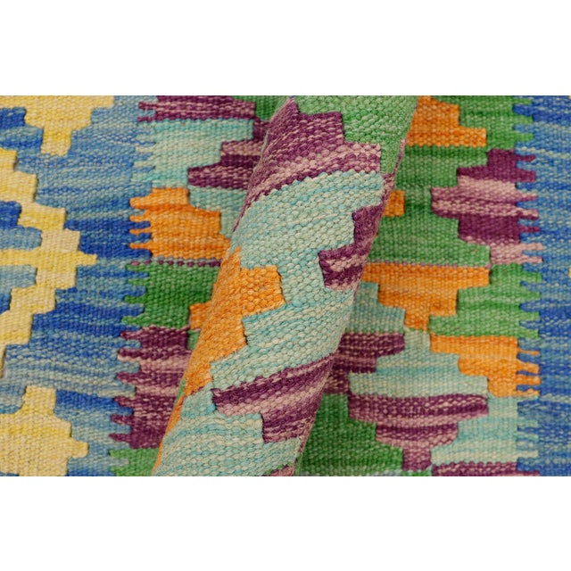 Abstract Rustic Turkish Kilim Blue Gold Hand-Woven Wool Rug For Sale - Image 3 of 9