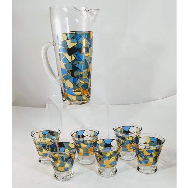 Vintage Mosaic Motif Martini Cocktail Pitcher & Glasses 7 Pieces