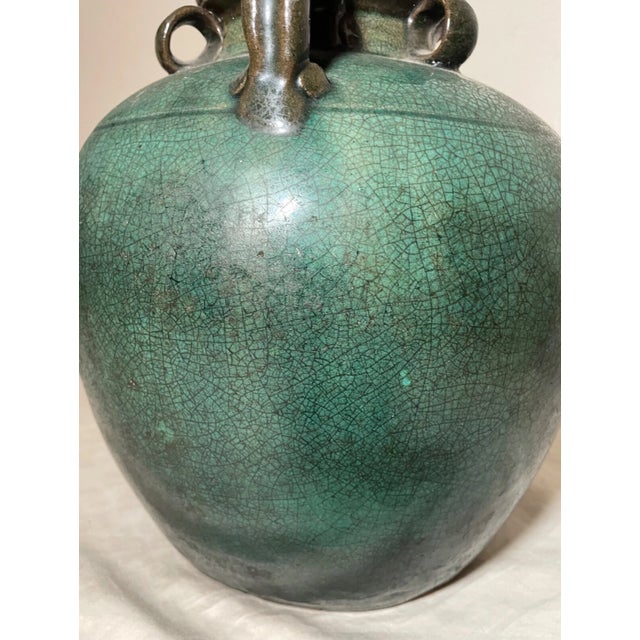 Antique Handmade Chinese Ming Dynasty Pottery Terracotta Green Glaze Wine Jug For Sale - Image 4 of 16
