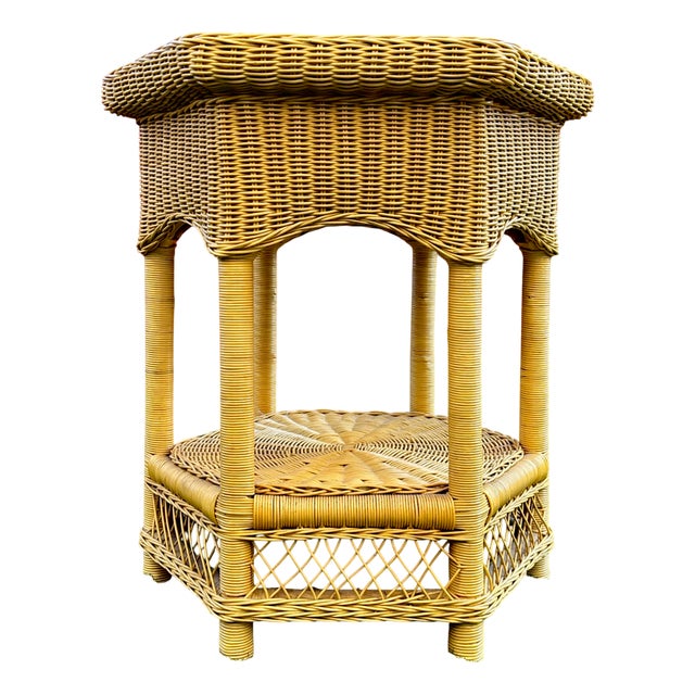 Vintage Hexagonal Rattan Side Table with Original Label, 1980 For Sale