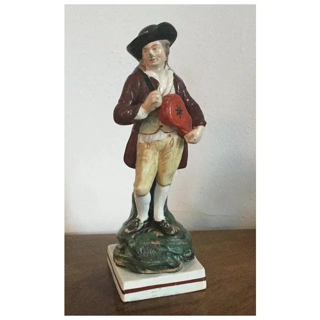 Figurative Antique Early 19th Century English George III Staffordshire Pearlware Figure of a Musician Playing the Hurdy-Gurdy 1800 For Sale - Image 3 of 9