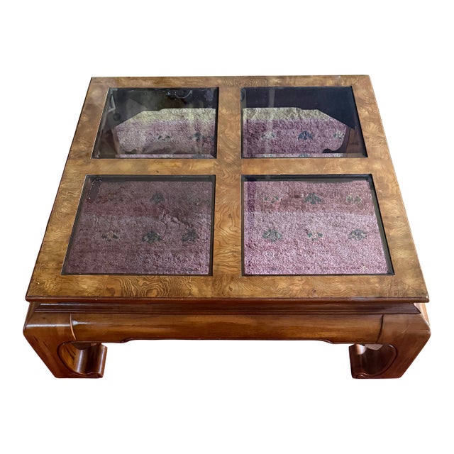 Classy Burlwood and Smoked Glass Square Coffee Table Attributed to Baker Furniture and James Mont For Sale