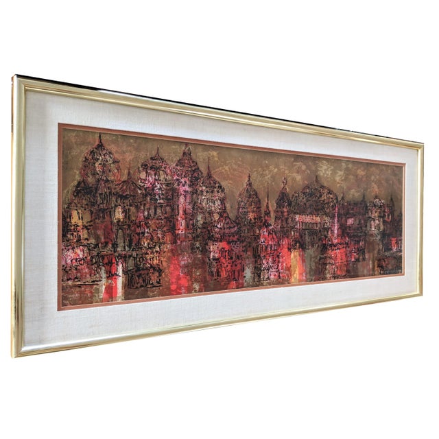 Mid-Century Modern Buddhist Temple Citiscape Gold Silk Screen Print For Sale - Image 3 of 11