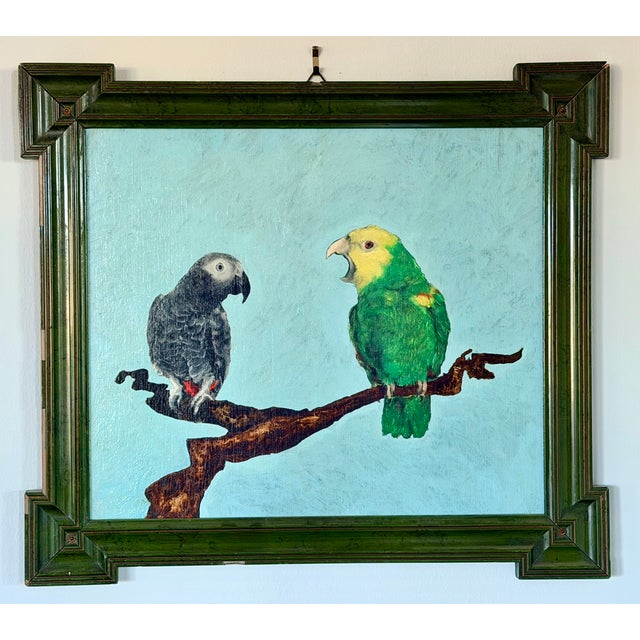 Charming Parrot painting on board in wonderful green frame. I love the parrots perched on a tree limb and set against a...
