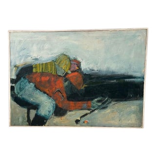 Large Vintage Abstract Oil Painting of a Downhill Skier, Framed, 32” X 44.5” For Sale