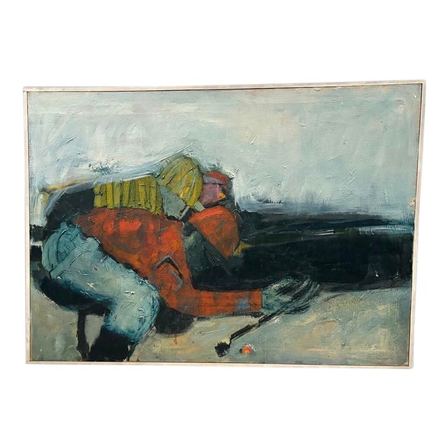Large Vintage Abstract Oil Painting of a Downhill Skier, Framed, 32” X 44.5” For Sale