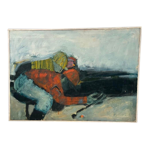 Large Vintage Abstract Oil Painting of a Downhill Skier, Framed, 32” X 44.5”