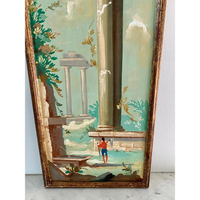Antique Grand Tour Italian Capriccio Framed Oil on Board Paintings of a Landscape With Ruins, Pair For Sale - Image 9 of 13