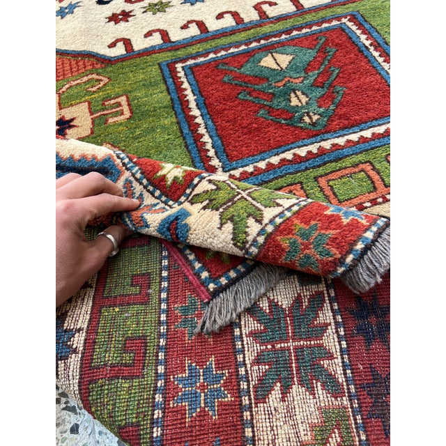 Green Caucasian Fachralo Kazak Octagon Medallion Hand-Knotted Wool Rug - 4'9" X 6'6" For Sale - Image 8 of 10