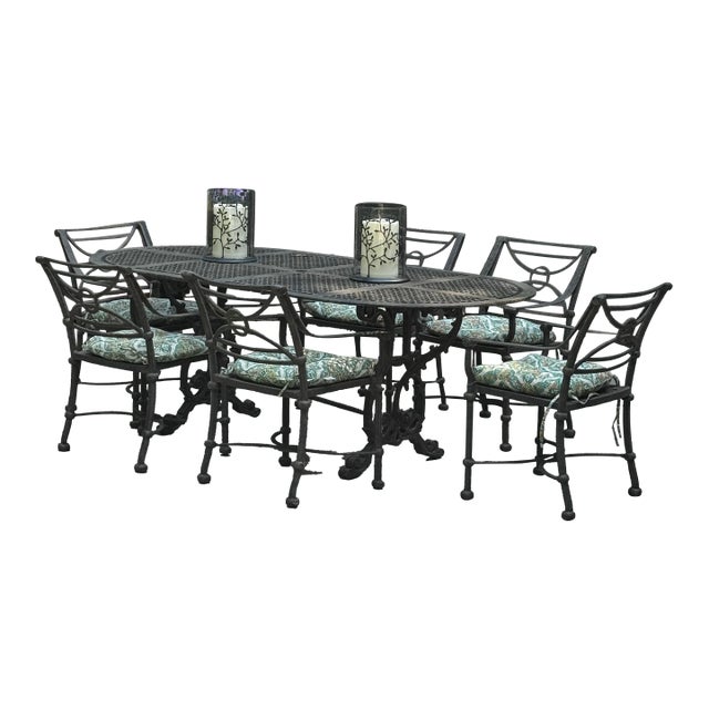 Vintage Cast Aluminum 7-Piece Outdoor Dining Set, Table & 6 Chairs For Sale