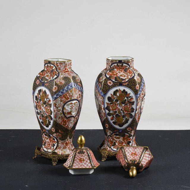 Metal Chinese Ceramic Potiche Vases with Metal Bases, 1990, Set of 2 For Sale - Image 7 of 10