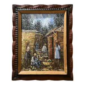 Mid 20th Century Vintage Original Haitian Oil Painting Village Scene Fritz Louizor, Framed