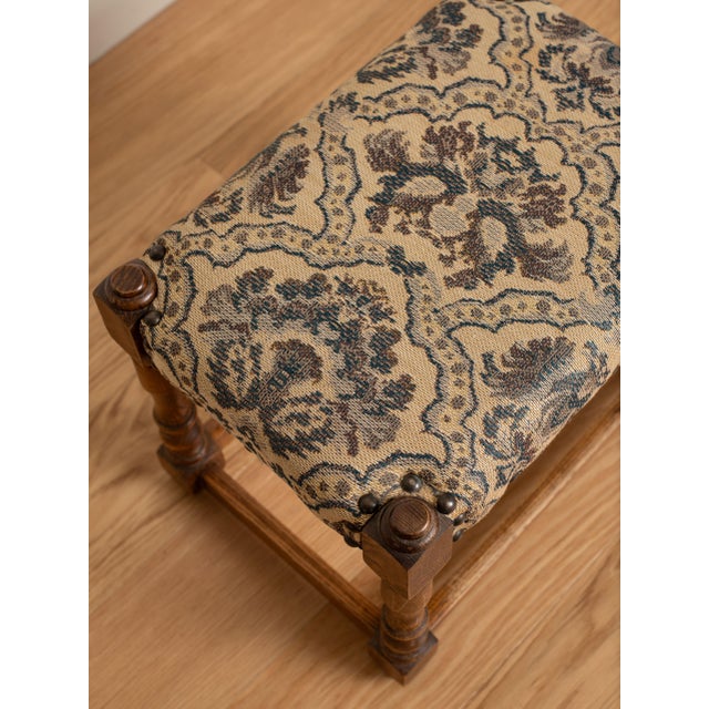 Oak and blue and cream floral fabric foot stool c. early 20th century. Unmarked. condition: good vintage condition...
