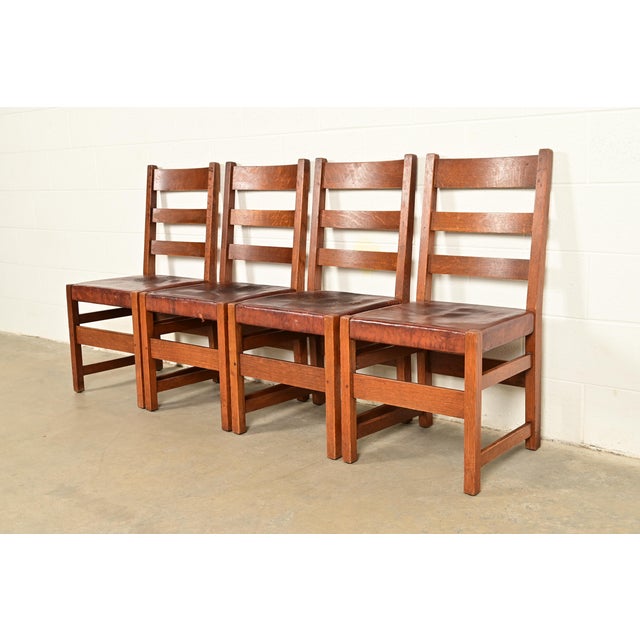 Mission L. & J. G. Stickley Antique Mission Oak Arts & Crafts Ladder Back Dining Chairs | Set of Four For Sale - Image 3 of 16