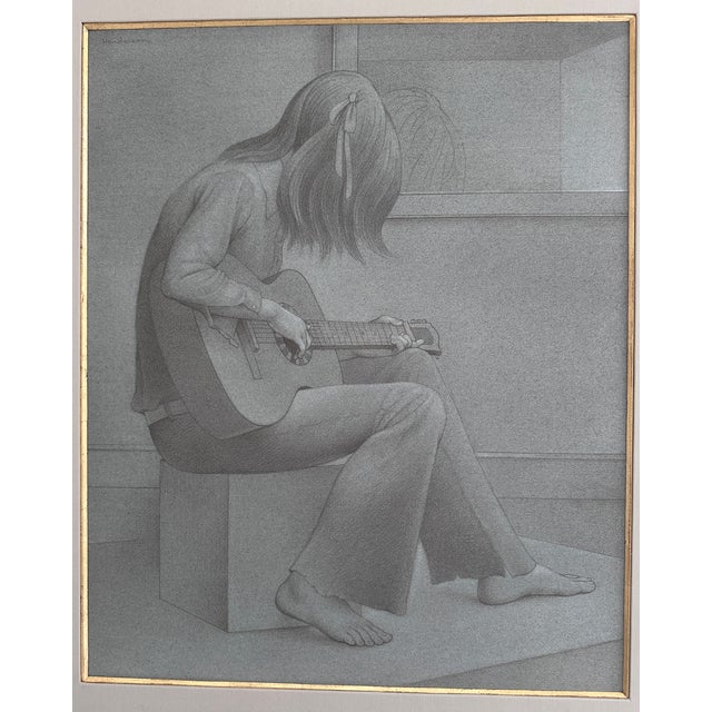 1970s Original Signed Henderson "Study for Guitar" Pencil and White Wash Sketch in Grey Linen and Gold Matting For Sale In Denver - Image 6 of 14