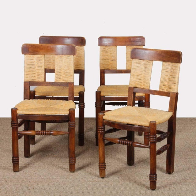 French Straw-Seated Wooden Chairs, 1940s, Set of 4 For Sale - Image 11 of 11