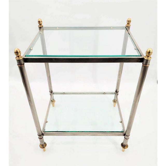 Mid 20th Century Maison Jansen Style Steel and Brass 2-Tier Glass Side Table For Sale - Image 4 of 8