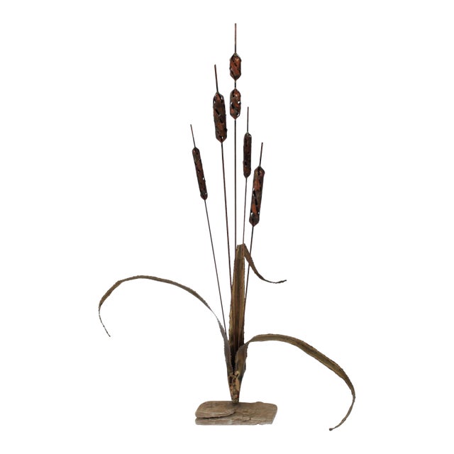 Vintage Brutalist Brass Cattails W/ Rock Base Decor For Sale