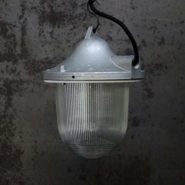 Vintage Industrial Grey Metal Holophane Glass Pendant Lamp For Sale - Image 6 of 7