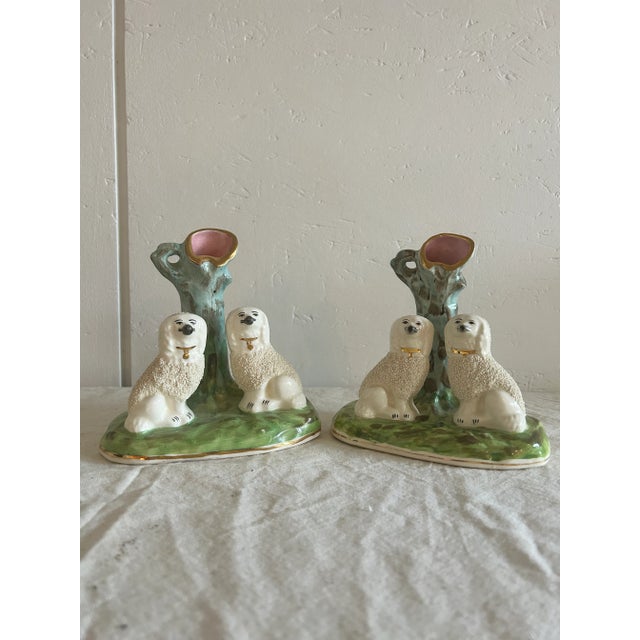 Mid 20th Century Pair Staffordshire Spaniel Mantle Dog Blue Green Spill Vases For Sale - Image 5 of 10