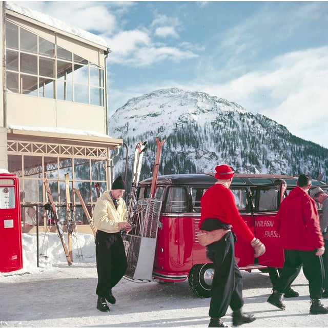 Klosters Ski Bus by Toni Frissell Skiers board a VW camper van, Klosters, Switzerland, 1954. (Photo by Toni Frissell)...