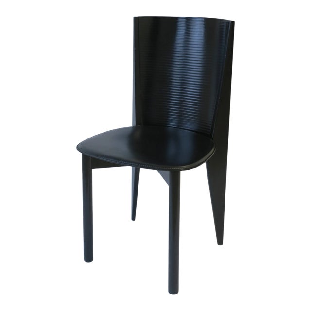 Italian Designer Postmodern Black Lacquer Wood and Leather Side Chair For Sale
