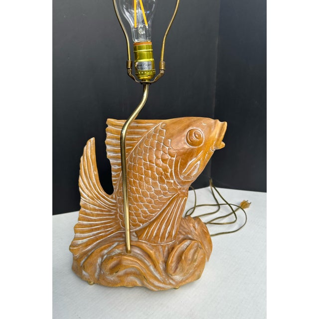 Pumpkin 1986 Frederick Cooper Carved-Wood Fish Table Lamp For Sale - Image 8 of 11