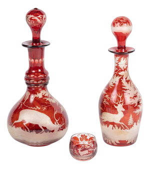 Engraved Bohemian Crystal Oil and Vinegar Set with Small Salt Shaker, Set of 3